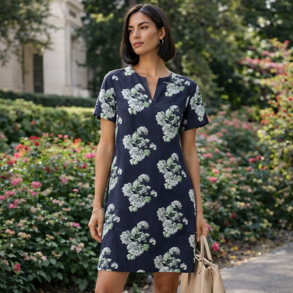 Theory Silk Blend Navy Floral Dress | Minimalist Designer Shift Dress